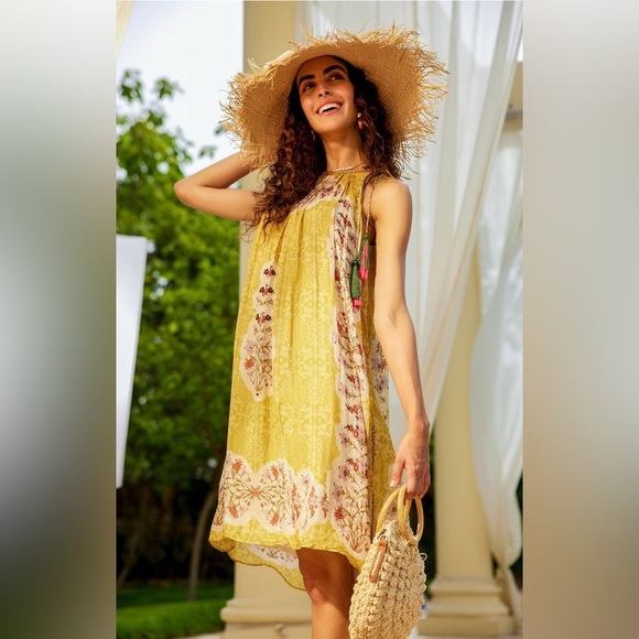 Anthropologie Floral Soleil Swing Dress Bhanuni Yellow Sleeveless Beaded XS EUC - Picture 1 of 9